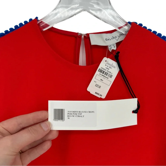 Galvan London NWT Misti Long Sleeve Crepe Pom Pom Blouse 4 Red Cobalt - Picture 6 of 9
